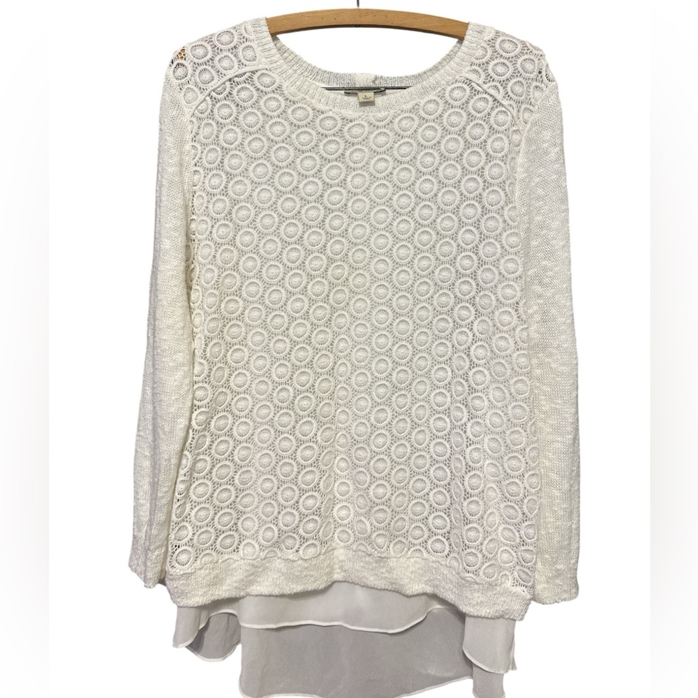 Lucky Brand White Sweater Crochet Circles Button Back w/ Sheer Lining SZ L